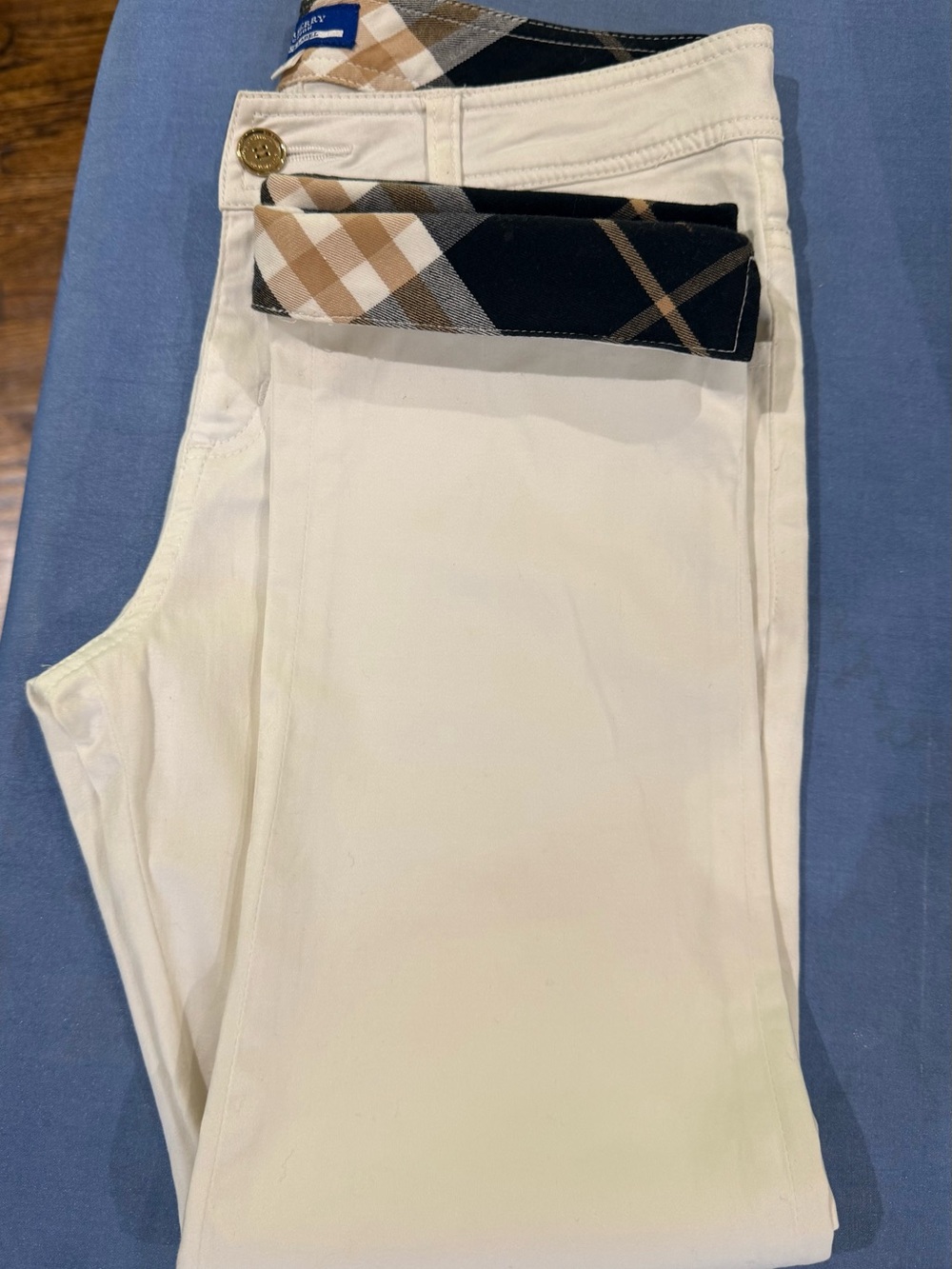 Burberry White Chinos with Signature Plaid Waist Trim
